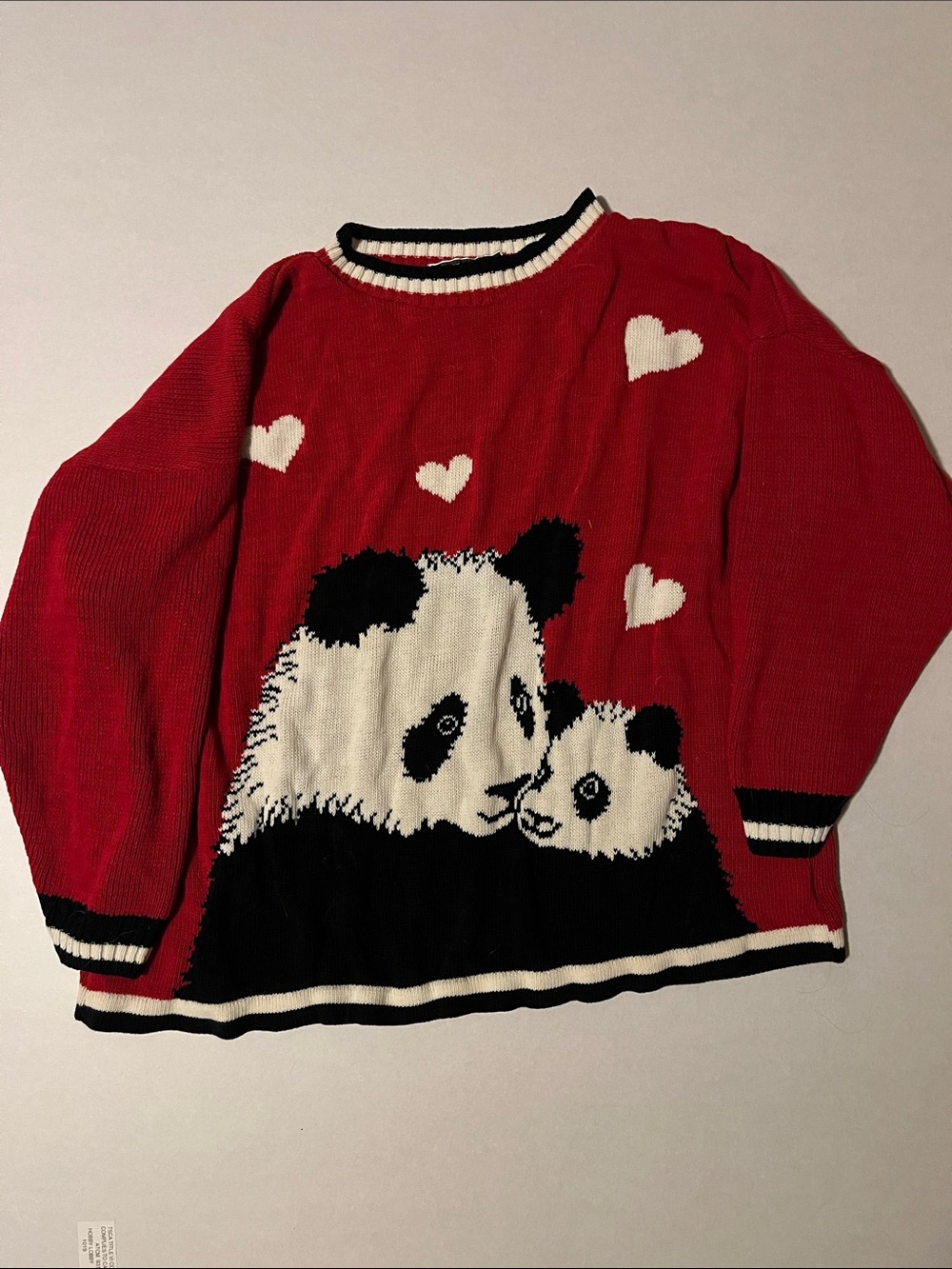 Vtg Panda Knit Sweater with Hearts